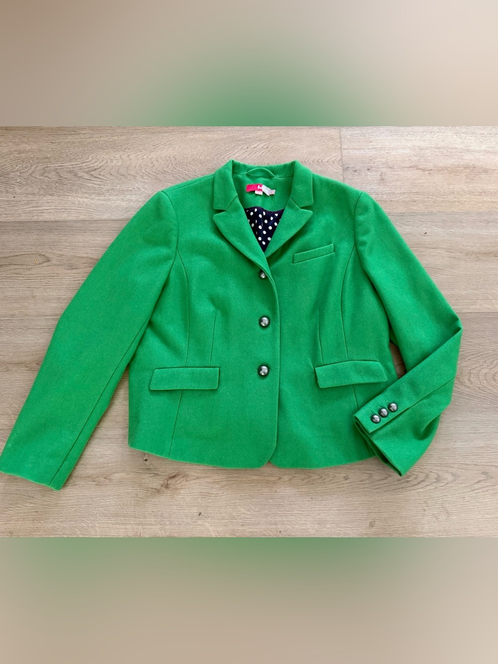 Boden Wool Blend Tailored Blazer Polka Dot Lined Size 16 Kelly Green